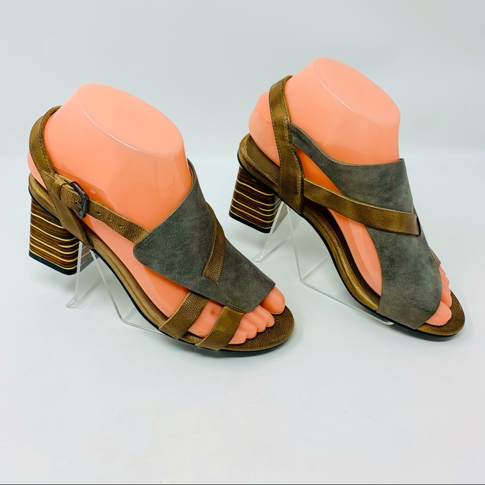 Antelope Olive Green and Bronze Strappy Block Heel Sandals